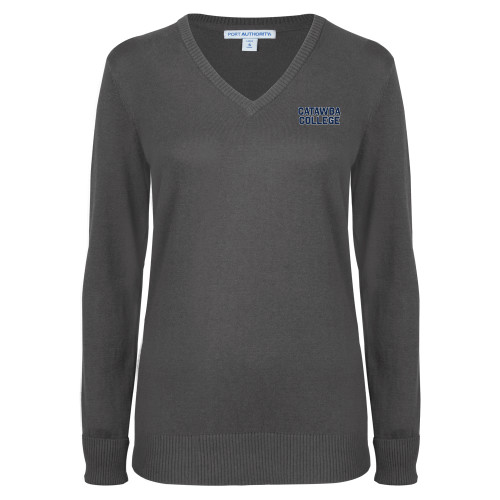  Womens Charcoal Heather VNeck Sweater - Catawba College Stacked