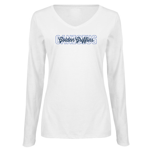  Womens White Long Sleeve V Neck Tee  - Canisius Golden Griffins Overlay