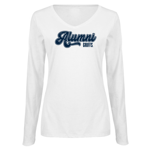  Womens White Long Sleeve V Neck Tee  - Griffs - Alumni Vintage Script