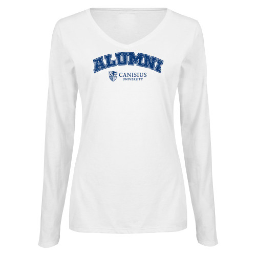  Womens White Long Sleeve V Neck Tee  - Canisius - Alumni Arched Distressed