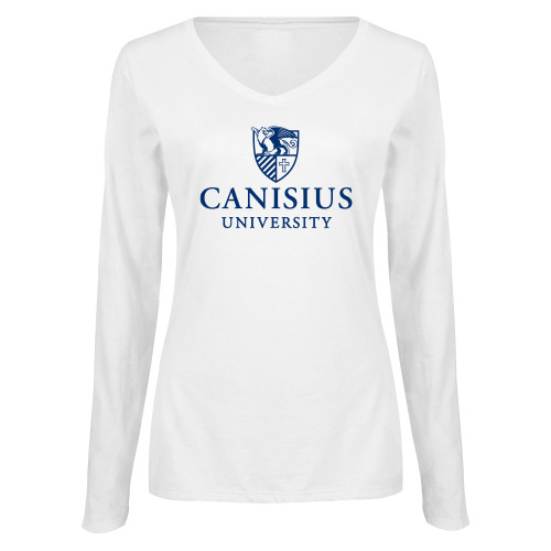 Womens White Long Sleeve V Neck Tee  - Canisius Institutional Mark Vertical