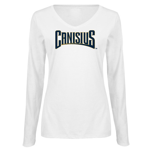  Womens White Long Sleeve V Neck Tee  - Canisius Athletic Wordmark