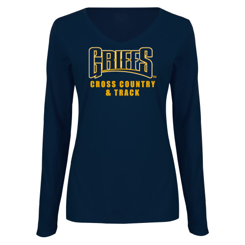  Womens Navy Long Sleeve V Neck Tee  - Griffs - Cross Country and Track