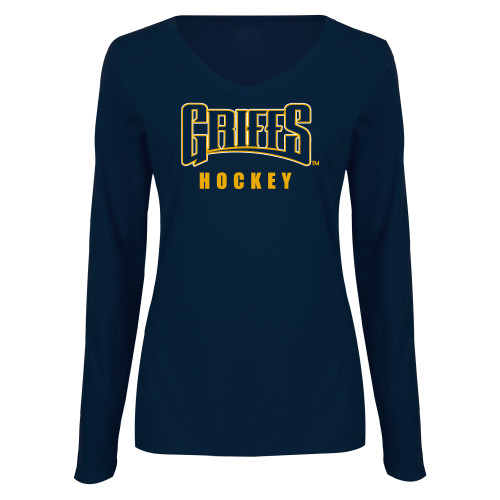  Womens Navy Long Sleeve V Neck Tee  - Griffs - Hockey