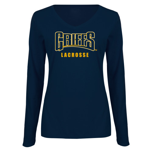  Womens Navy Long Sleeve V Neck Tee  - Griffs - Lacrosse