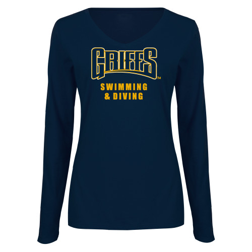  Womens Navy Long Sleeve V Neck Tee  - Griffs - Swimming and Diving