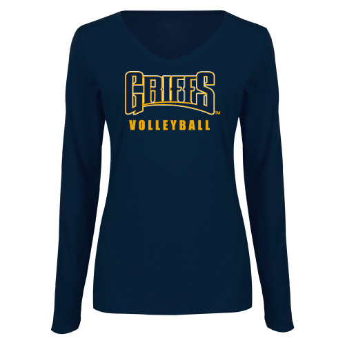  Womens Navy Long Sleeve V Neck Tee  - Griffs - Volleyball