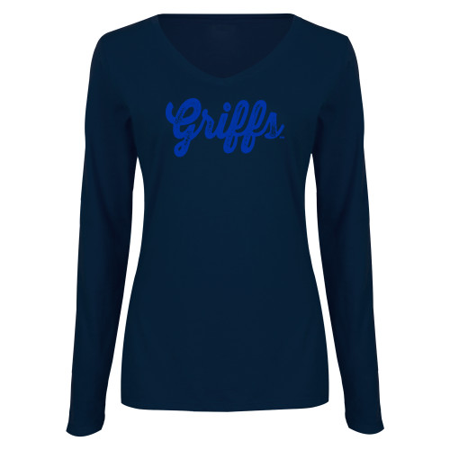 Womens Navy Long Sleeve V Neck Tee  - Griffs Vintage Script Tonal