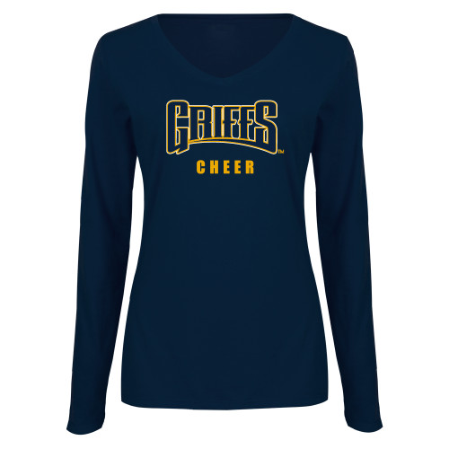  Womens Navy Long Sleeve V Neck Tee  - Griffs - Cheer