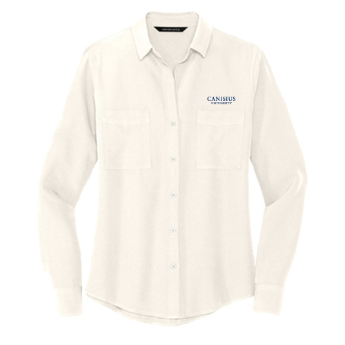  Mercer + Mettle Womens Ivory Crepe Long Sleeve Camp Blouse - Canisius University Institutional Wordmark