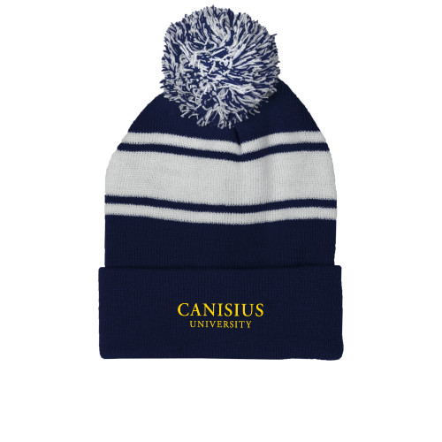  Navy/White Two Tone Knit Pom Beanie w/Cuff - Canisius University Institutional Wordmark