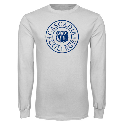  White Long Sleeve T Shirt - Cascadia College Seal Distressed