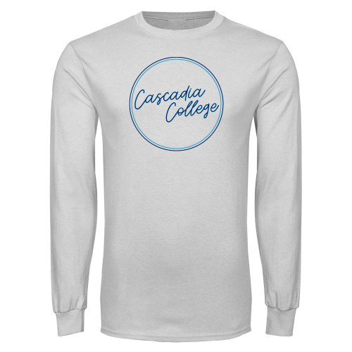  White Long Sleeve T Shirt - Cascadia College Script Circle Design