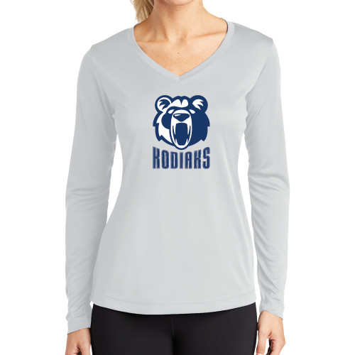  Womens White Performance Long Sleeve V Neck Shirt - Kodiaks with Mascot
