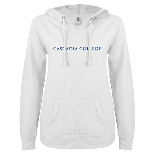  ENZA Womens White V Notch Raw Edge Fleece Hoodie - Cascadia College Bothell  Flat