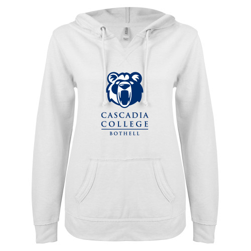  ENZA Womens White V Notch Raw Edge Fleece Hoodie - Kodiak Cascadia College Bothell Stacked