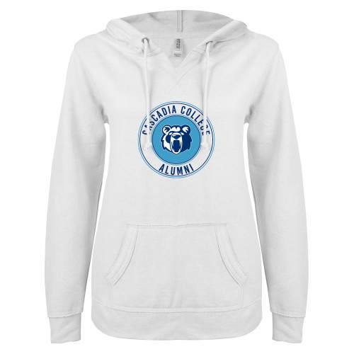  ENZA Womens White V Notch Raw Edge Fleece Hoodie - Cascadia College Alumni