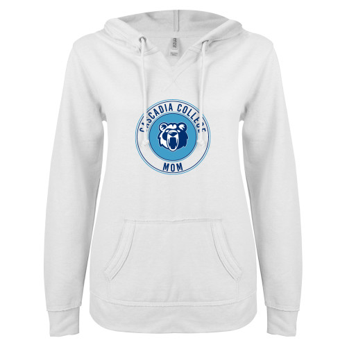  ENZA Womens White V Notch Raw Edge Fleece Hoodie - Cascadia College Mom
