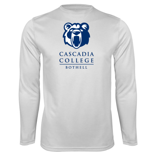  White Performance Long Sleeve Shirt - Kodiak Cascadia College Bothell Stacked