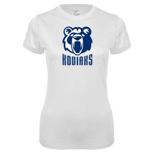  Womens White Performance Tee - Kodiaks with Mascot