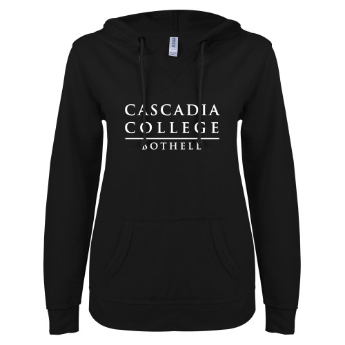  ENZA Womens Black V Notch Raw Edge Fleece Hoodie - Cascadia College Bothell