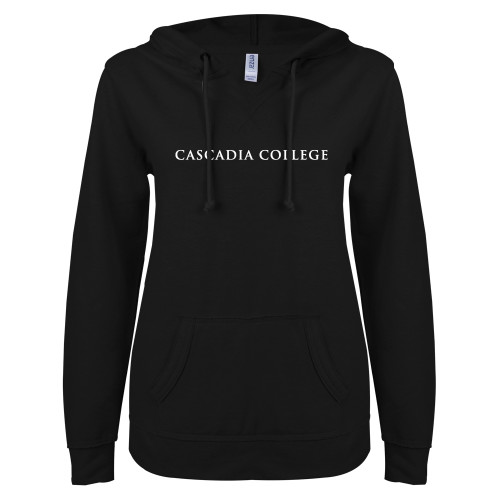  ENZA Womens Black V Notch Raw Edge Fleece Hoodie - Cascadia College Bothell  Flat