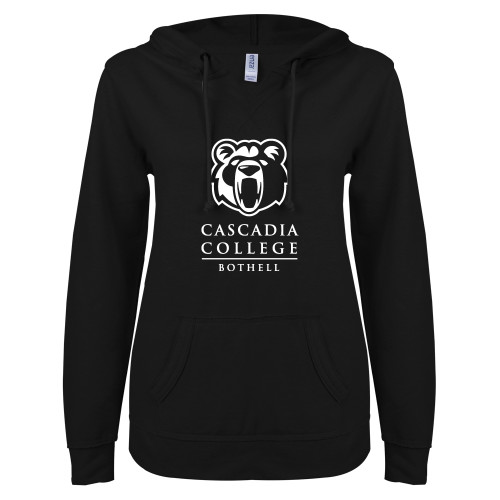  ENZA Womens Black V Notch Raw Edge Fleece Hoodie - Kodiak Cascadia College Bothell Stacked