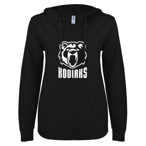  ENZA Womens Black V Notch Raw Edge Fleece Hoodie - Kodiaks with Mascot
