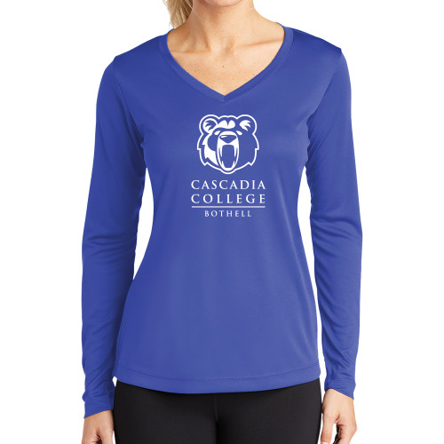  Womens Royal Performance Long Sleeve V Neck Shirt - Kodiak Cascadia College Bothell Stacked