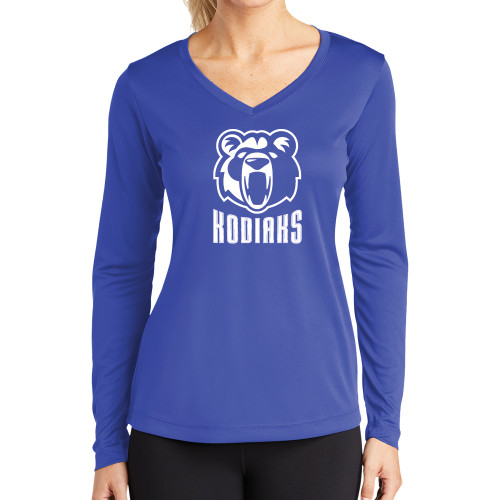  Womens Royal Performance Long Sleeve V Neck Shirt - Kodiaks with Mascot