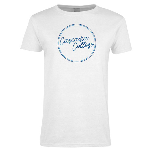  Womens White Short Sleeve Tee - Cascadia College Script Circle Design