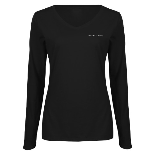  Womens Black Long Sleeve V Neck Tee  - Cascadia College Bothell  Flat