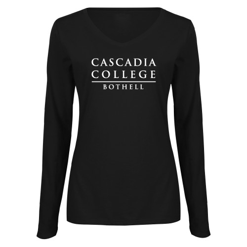  Womens Black Long Sleeve V Neck Tee  - Cascadia College Bothell