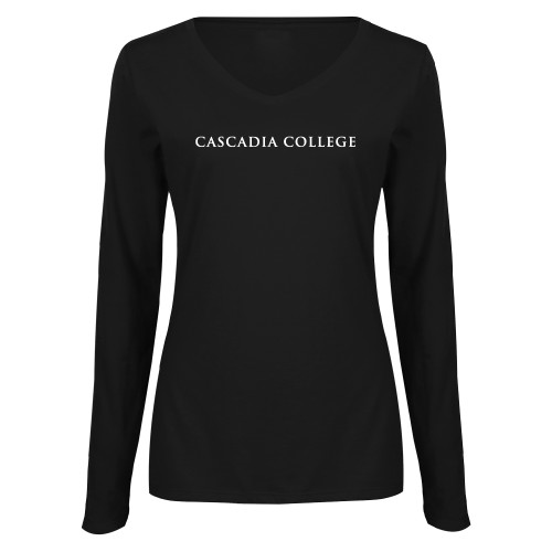  Womens Black Long Sleeve V Neck Tee  - Cascadia College Bothell  Flat
