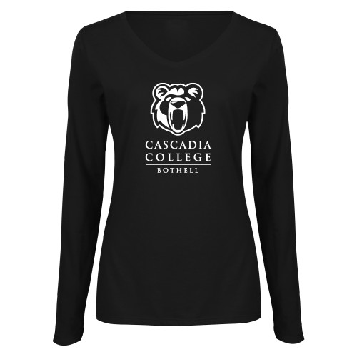  Womens Black Long Sleeve V Neck Tee  - Kodiak Cascadia College Bothell Stacked