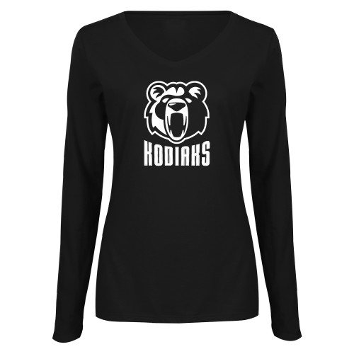  Womens Black Long Sleeve V Neck Tee  - Kodiaks with Mascot
