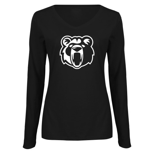  Womens Black Long Sleeve V Neck Tee  - Kodiak Mascot