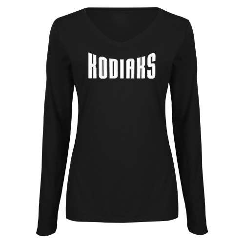  Womens Black Long Sleeve V Neck Tee  - Kodiaks