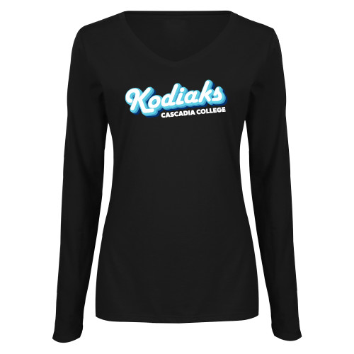  Womens Black Long Sleeve V Neck Tee  - Kodiaks Tricolor Cascadia College
