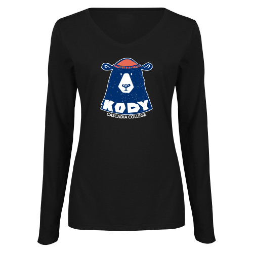  Womens Black Long Sleeve V Neck Tee  - Kody Beanie Cascadia College