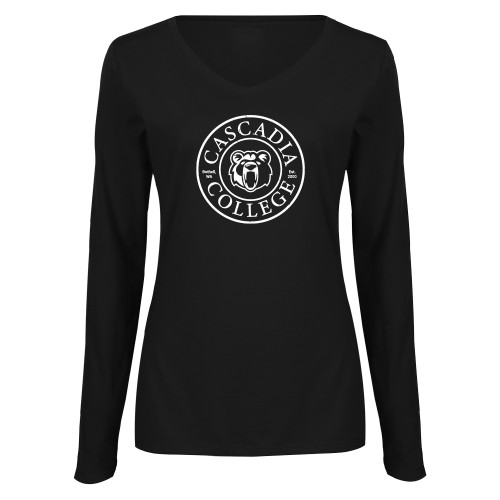  Womens Black Long Sleeve V Neck Tee  - Cascadia College Seal Distressed