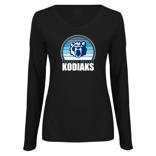  Womens Black Long Sleeve V Neck Tee  - Cascadia College Kodiaks Blue Shade Design