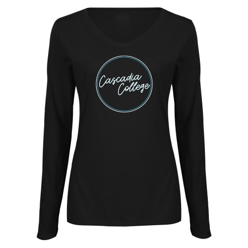  Womens Black Long Sleeve V Neck Tee  - Cascadia College Script Circle Design