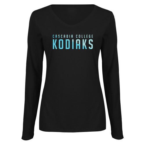  Womens Black Long Sleeve V Neck Tee  - Cascadia College Kodiaks Duo Color