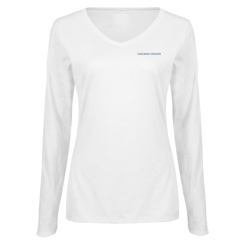  Womens White Long Sleeve V Neck Tee - Cascadia College Bothell  Flat