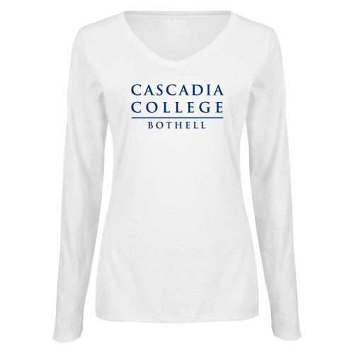  Womens White Long Sleeve V Neck Tee - Cascadia College Bothell