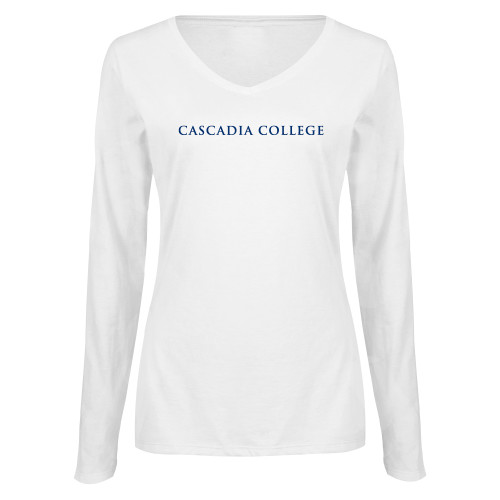  Womens White Long Sleeve V Neck Tee - Cascadia College Bothell  Flat
