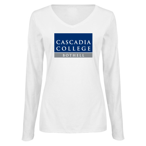  Womens White Long Sleeve V Neck Tee - Cascadia College Bothell  Square