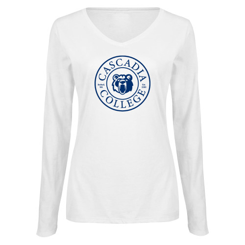  Womens White Long Sleeve V Neck Tee - Cascadia College Bothell  Seal