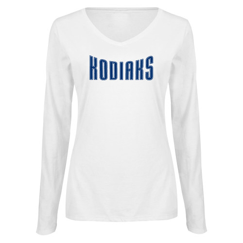  Womens White Long Sleeve V Neck Tee - Kodiaks